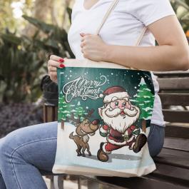 Santa With Reindeer Vector Design Tote Bag Mockup