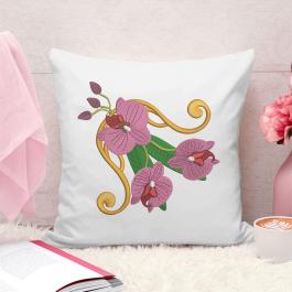 Beautiful Pink Orchid Embroidery Design Cushion Cover Mockup